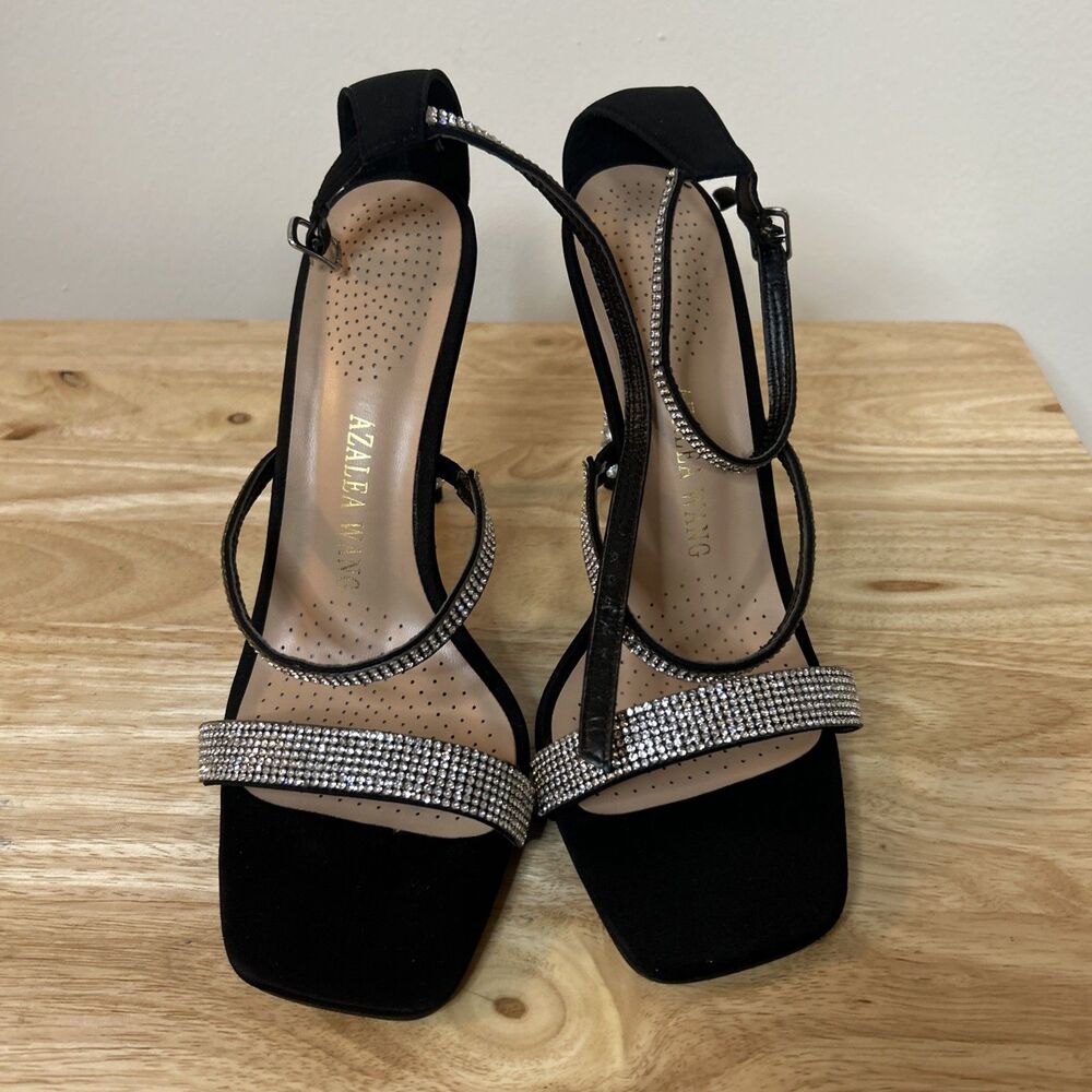 Azalea Wang Tricky Black Rhinestone Heel Sandals Size 10 Strappy New - Picture 3 of 7